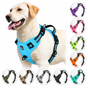Labelled diagram of the air-mesh dog harness: zinc alloy leash rings, snap buckles, slide buckles, air mesh, reflective trim, padded handle