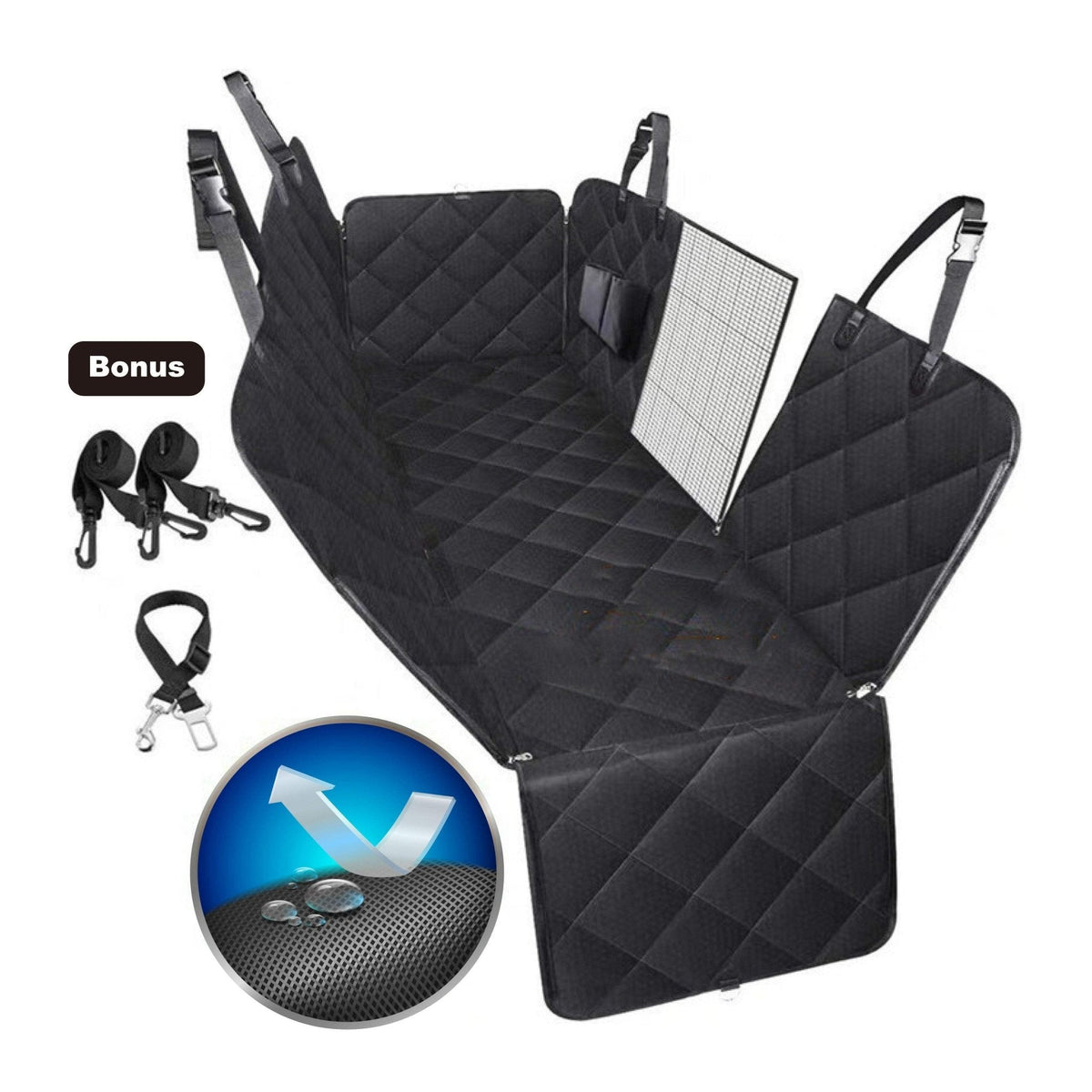 Waterproof dog car seat hammock covering a rear bench