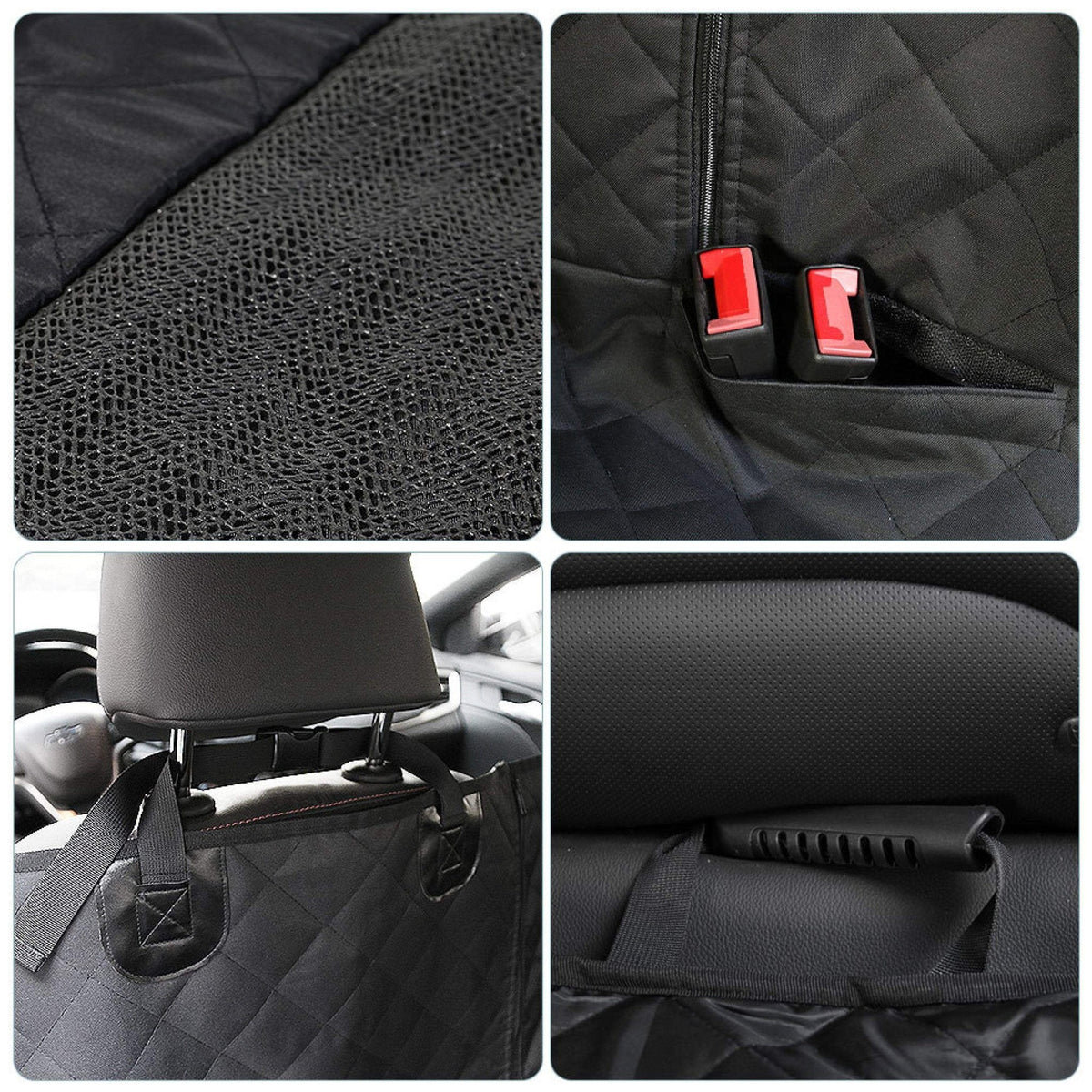 Close-ups of the mesh window, seat-belt opening, headrest strap and pocket