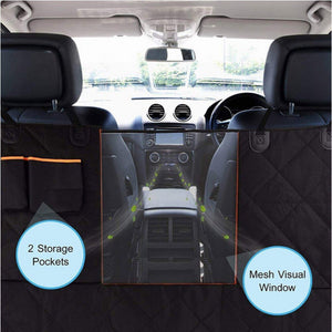Car seat hammock installed with mesh window and storage pockets