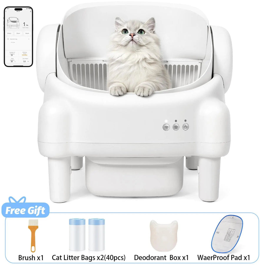 TAYACICY Self - Cleaning Litter Box Open-Top with App Control for Multiple Cats 16.5"X16.5" Entrance Dual Safety Tech 10.5L Sealed Waste Bin Cream White
