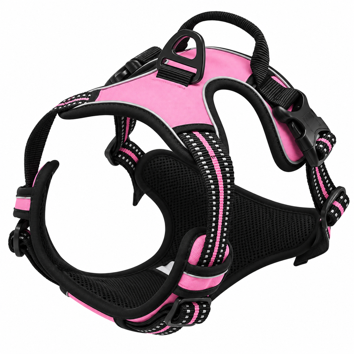 No Pull Dog Harness in Pink with reflective straps, front clip and top handle