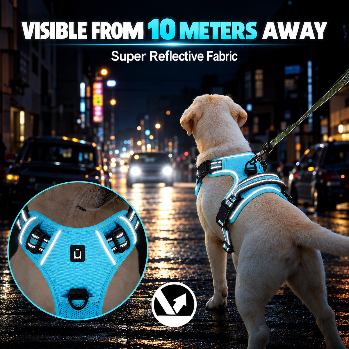 Labrador wearing the Sky Blue harness with all nine colour options shown