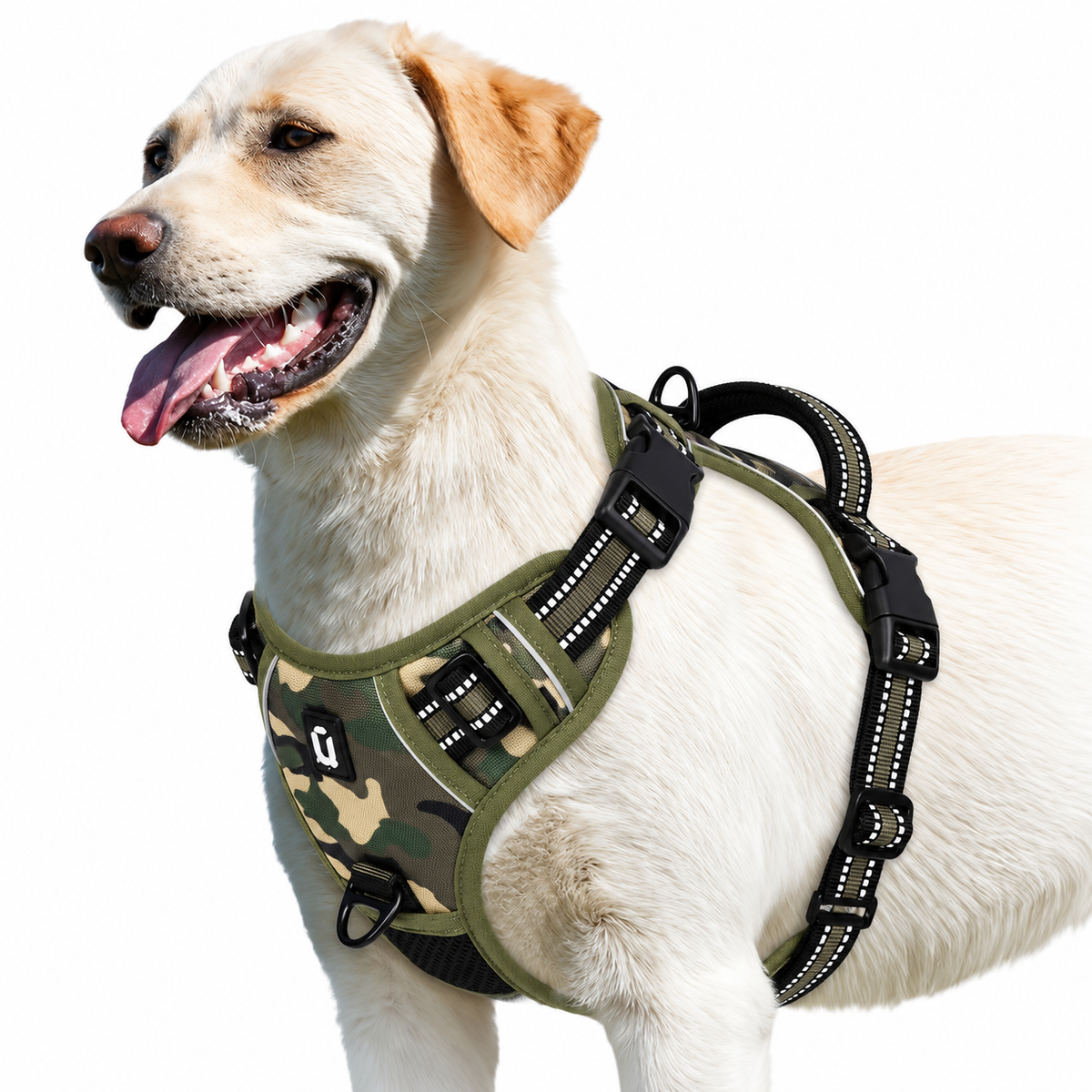 Labrador wearing the Army Green camo air-mesh no pull dog harness with reflective trim