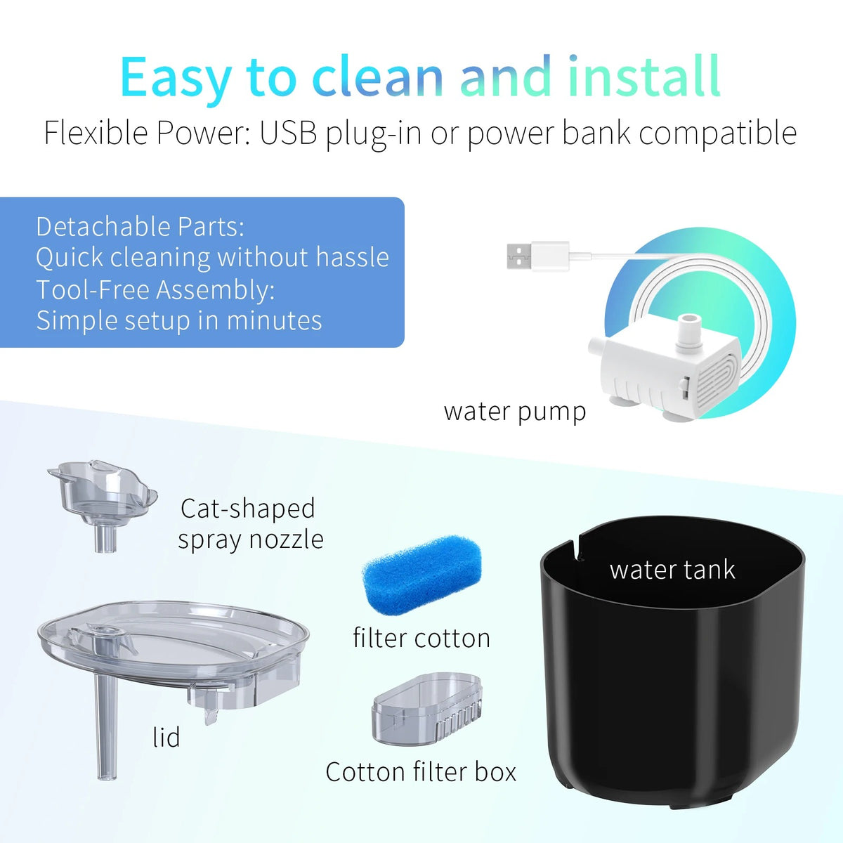 USB powered, works with a power bank, detachable parts