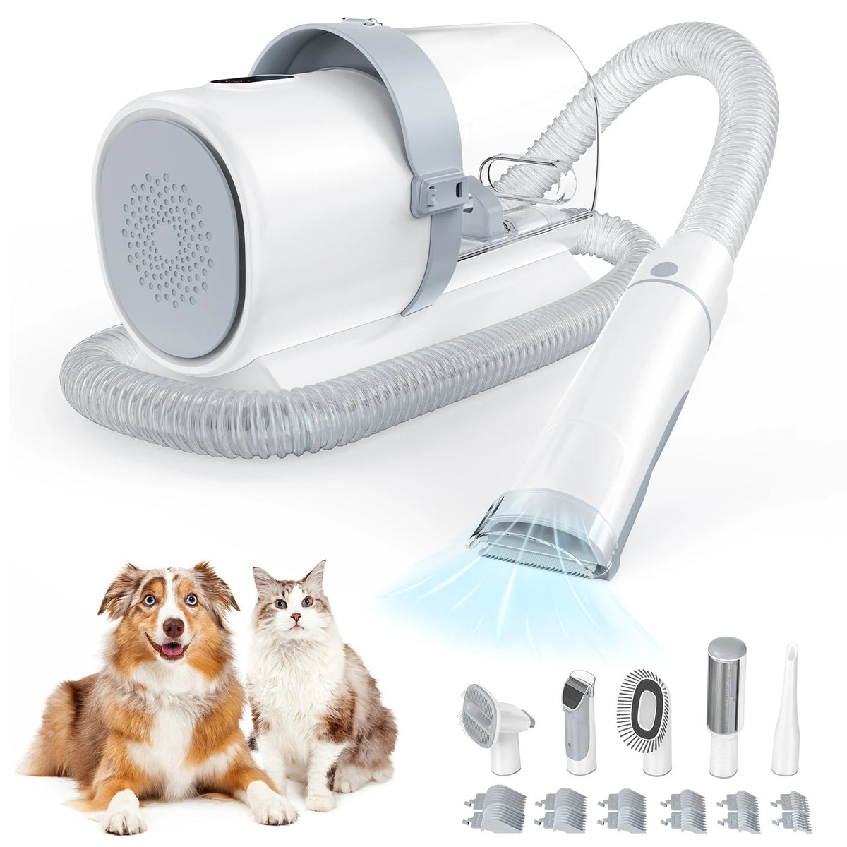 White pet grooming vacuum kit with tools and guide combs