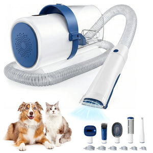 Blue pet grooming vacuum kit with tools and guide combs