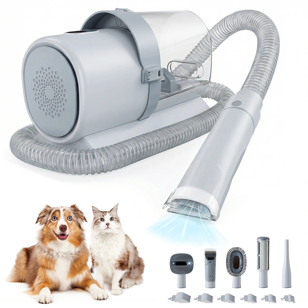 Gray pet grooming vacuum kit with tools and guide combs