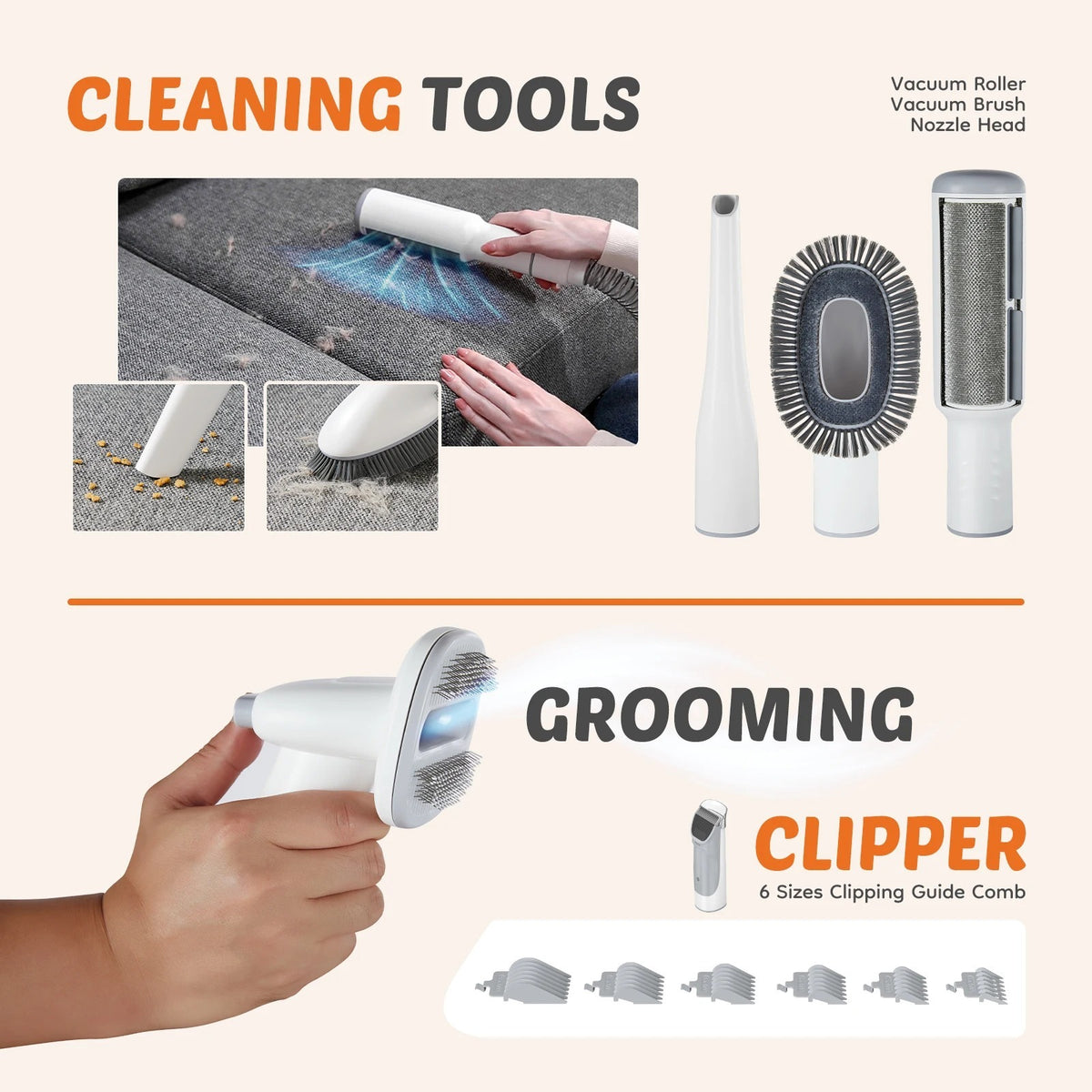 Cleaning heads, grooming brush and clipper
