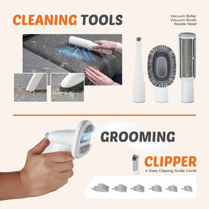 Cleaning heads, grooming brush and clipper