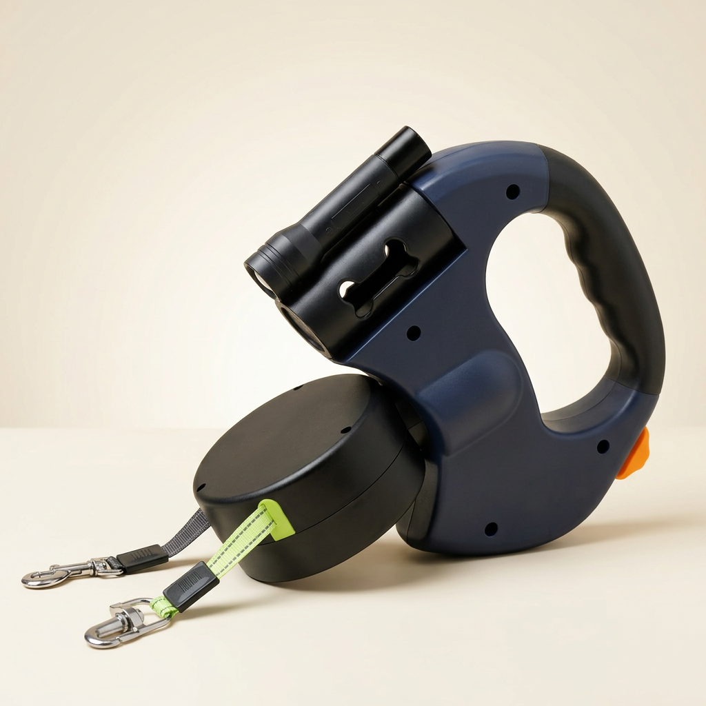 Navy retractable double dog leash with LED flashlight on an ivory background