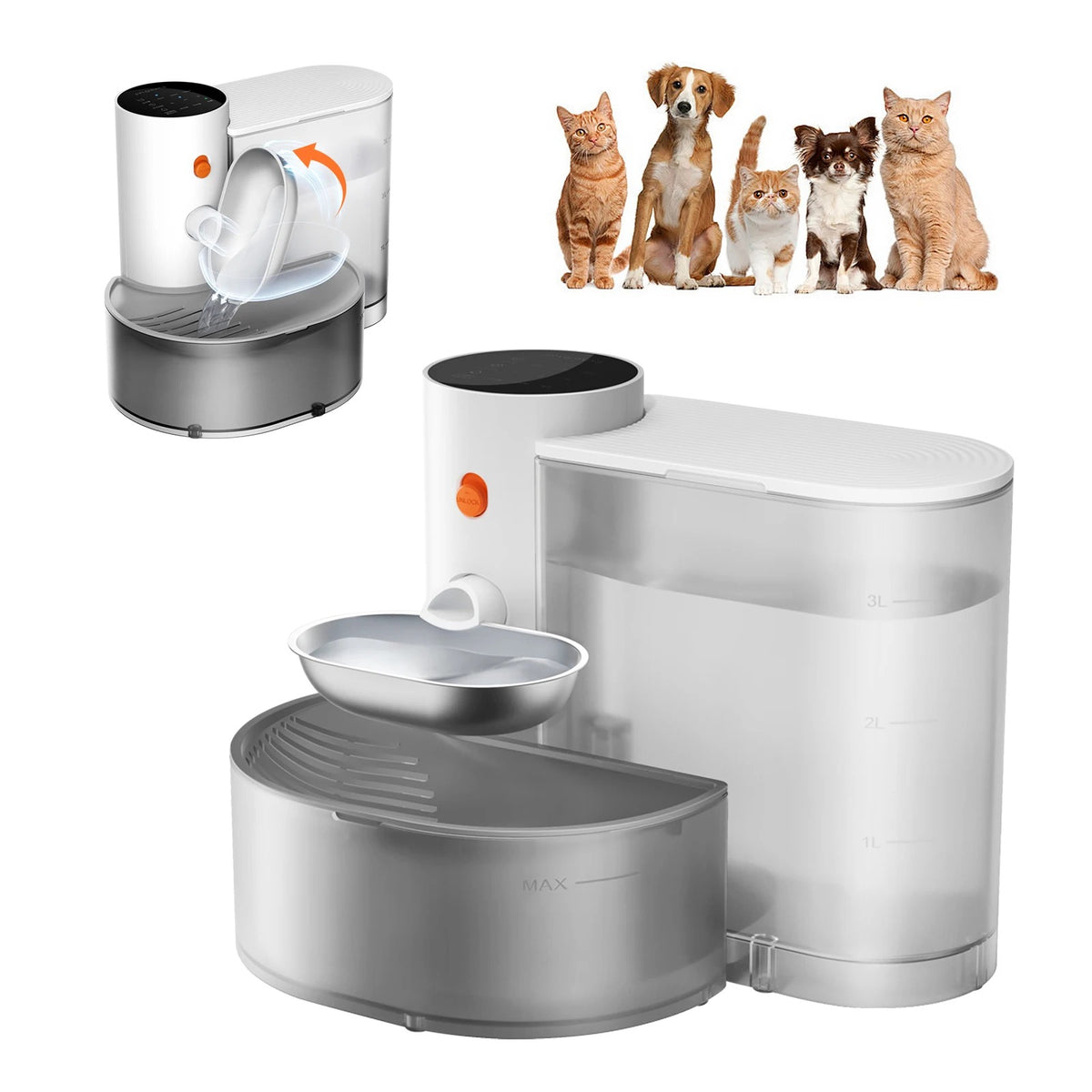 Self-refilling water bowl in use with a cat and dog